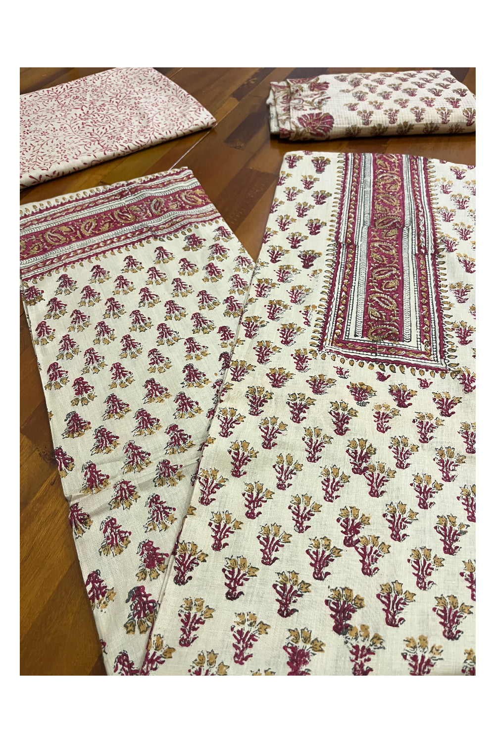 Southloom™ Cotton Light Brown Churidar Salwar Suit Material Red Block Prints on Body