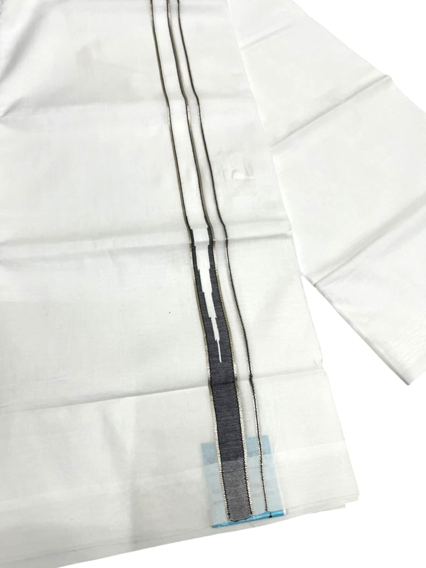 Southloom Pure White Cotton Double Mundu with Silver and Black Chutti Kara (South Indian Dhoti)