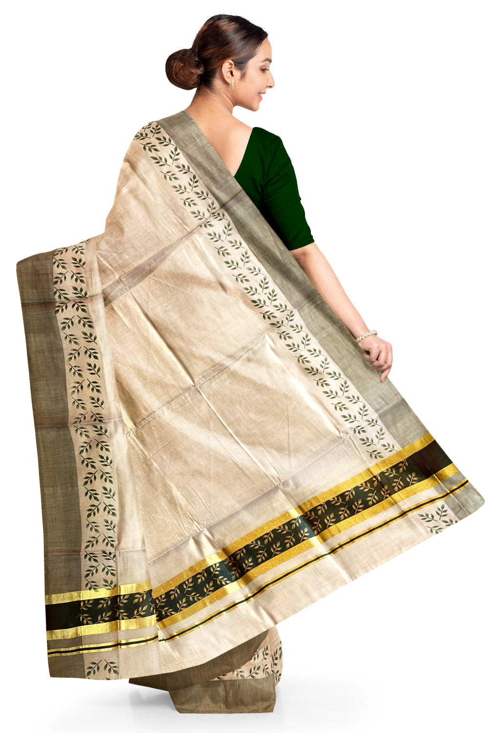 Kerala Tissue Kasavu Saree with Golden and Green Block Prints on Border and Tassels Works