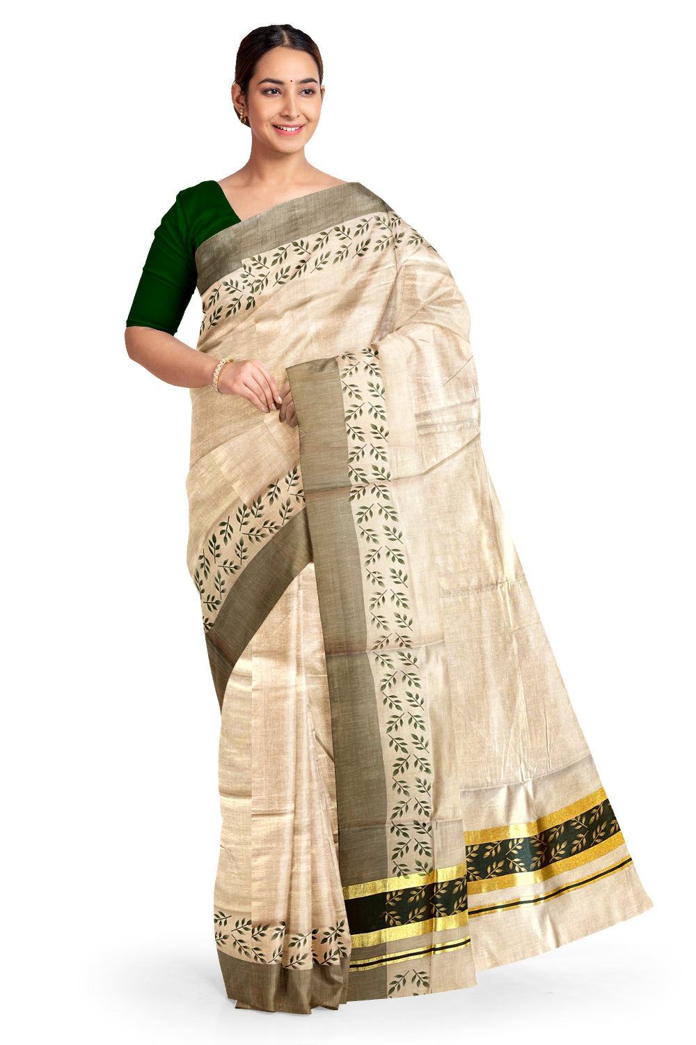 Kerala Tissue Kasavu Saree with Golden and Green Block Prints on Border and Tassels Works