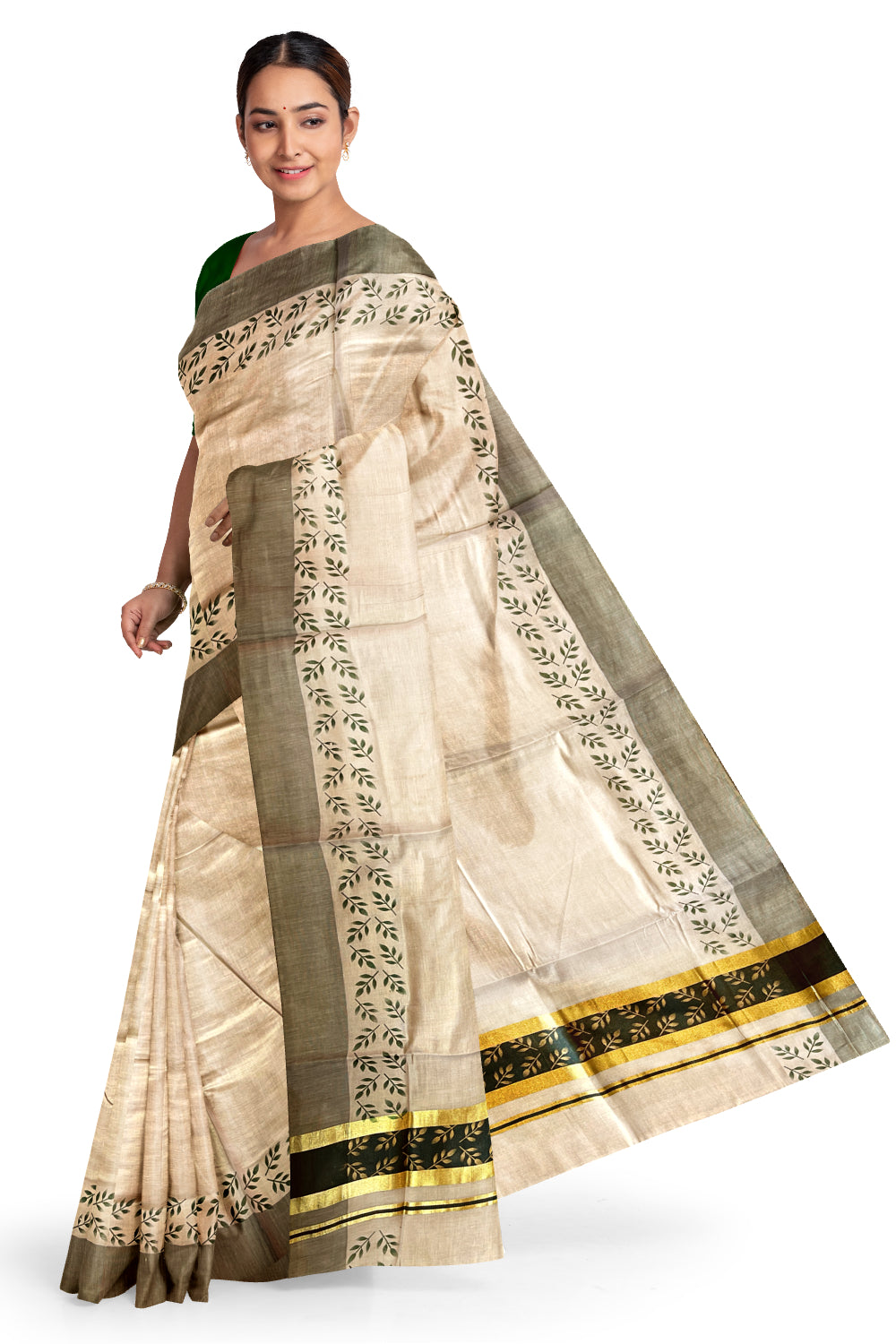 Kerala Tissue Kasavu Saree with Golden and Green Block Prints on Border and Tassels Works