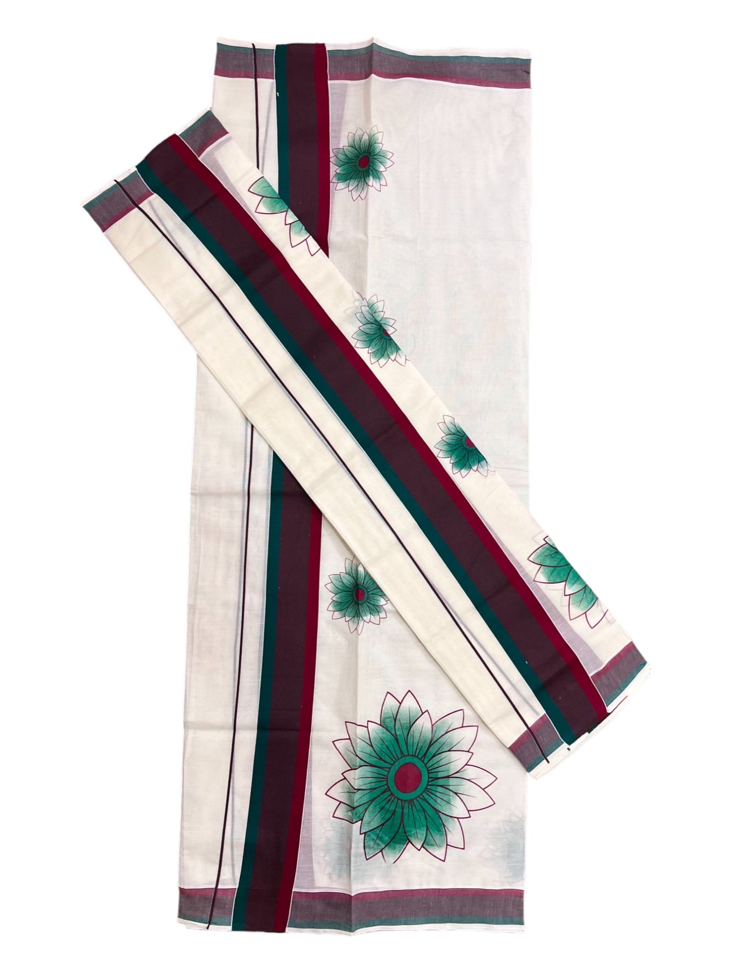 Kerala Cotton Set Mundu Single (Mundum Neriyathum) with Floral Block Prints on Red Green Border -2.80Mtrs