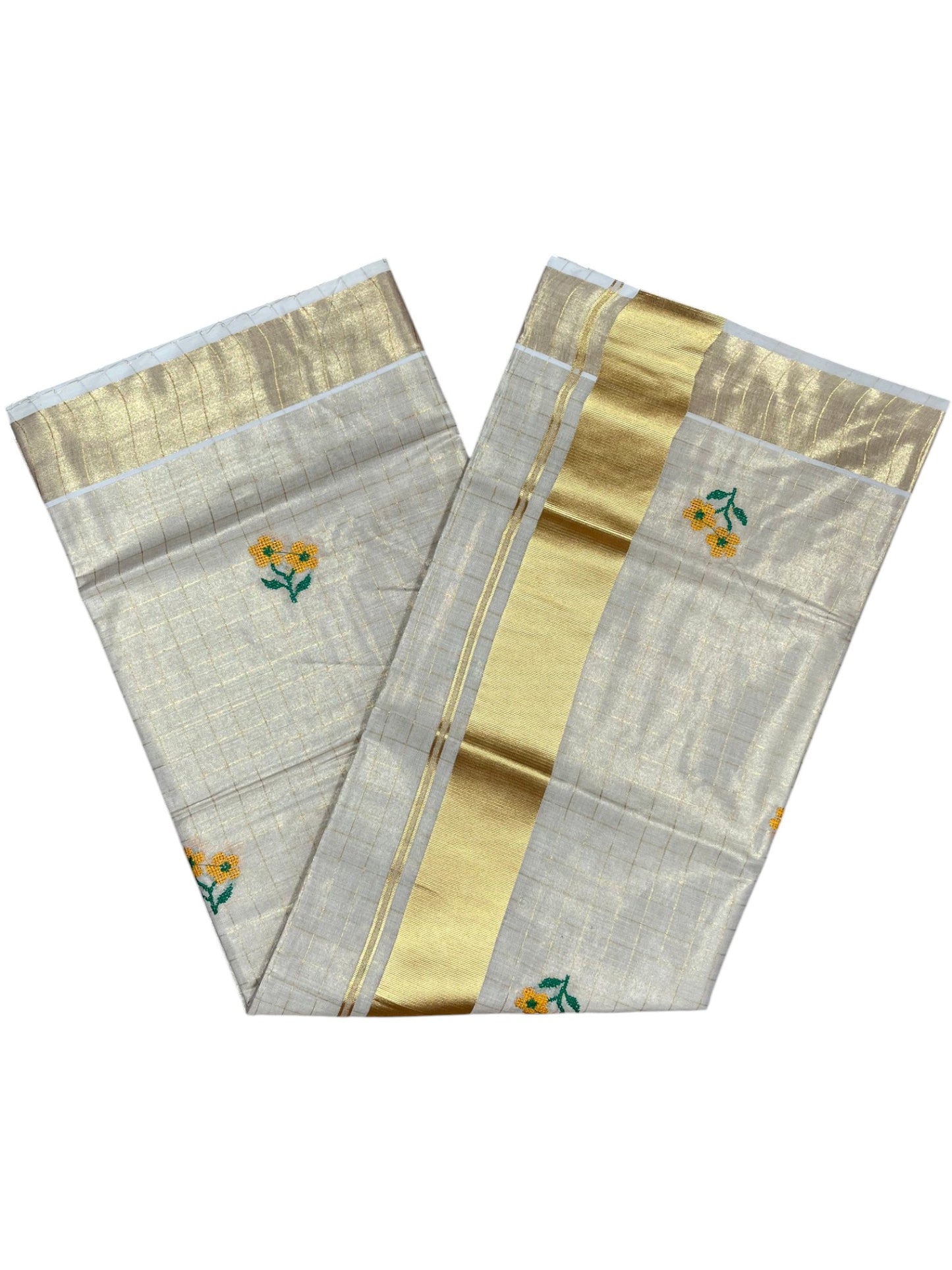 Southloom Kerala Tissue Kasavu Check Saree with Floral Embroidery Design in Yellow