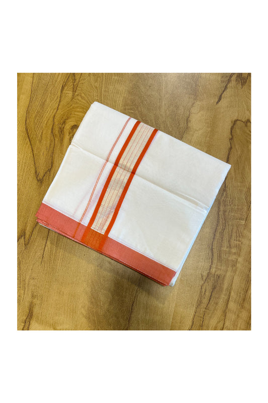 Pure Cotton Mundu with Orange Lines and Orange Border (South Indian Kerala Dhoti)