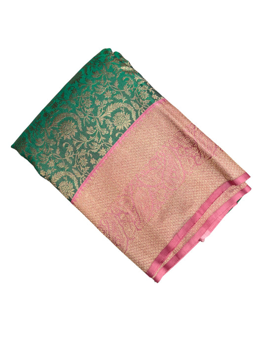Southloom Premium Handloom Bridal Kanchipuram Silk Saree with Korvai Work (Green & Pink)