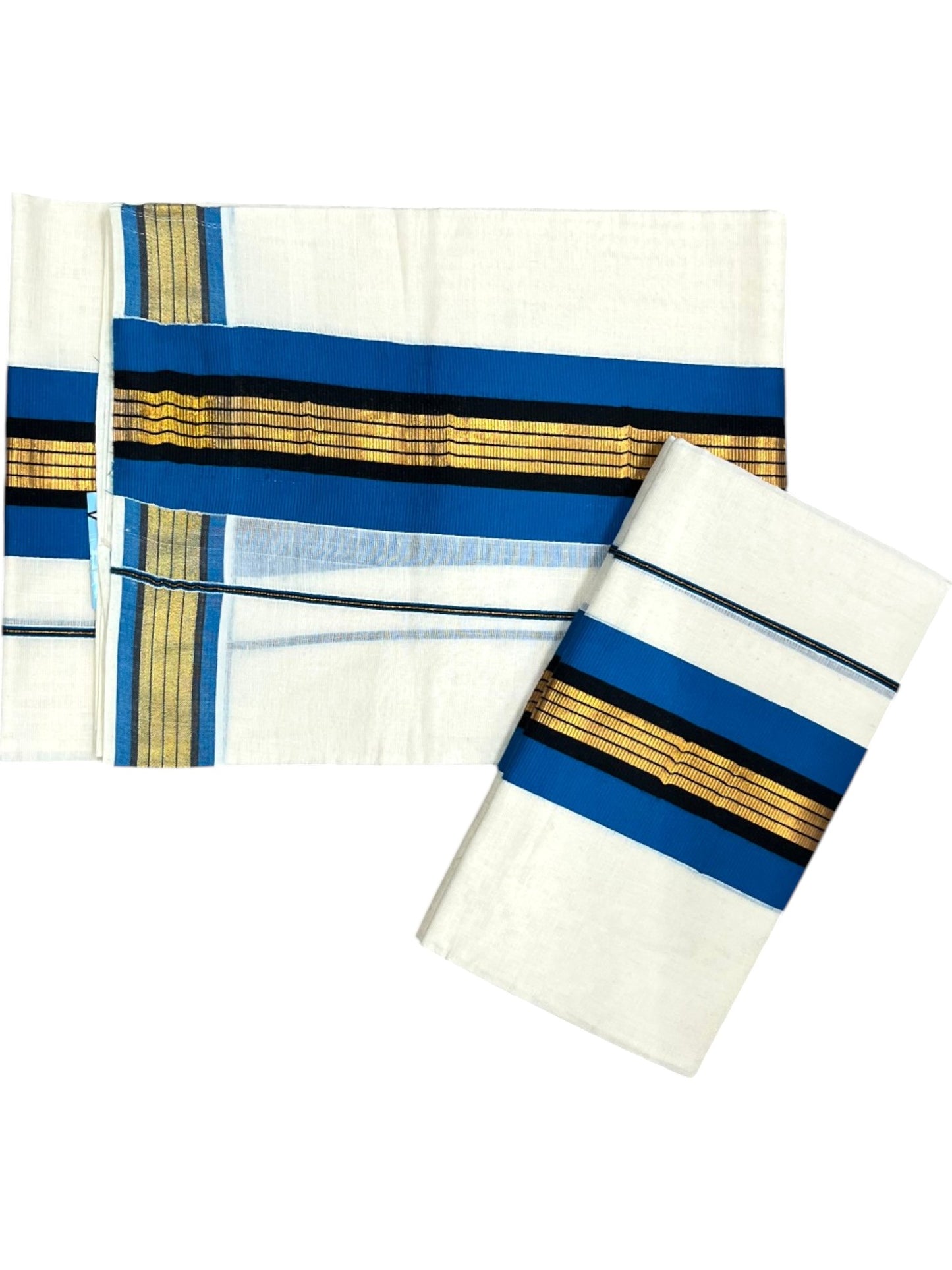 Southloom Kerala Cotton Kasavu Set Mundu (Mundum Neriyathum) with Black and Blue Border 2.80 Mtrs SLKK