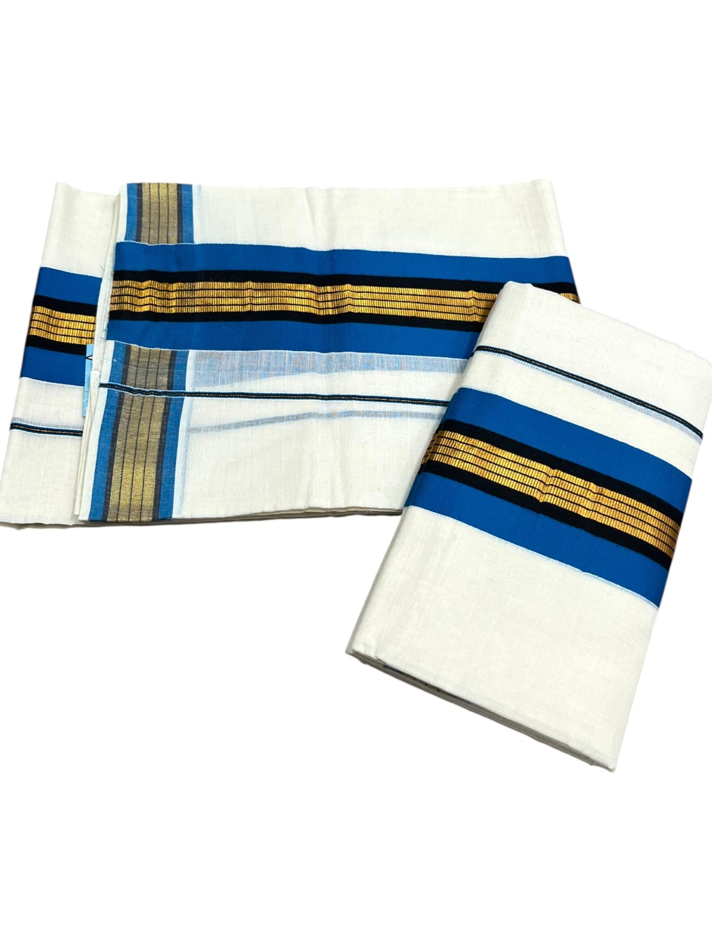 Southloom Kerala Cotton Kasavu Set Mundu (Mundum Neriyathum) with Black and Blue Border 2.80 Mtrs SLKK