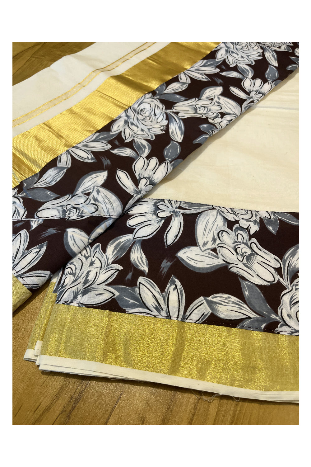 Kerala Pure Cotton Kasavu Saree with Floral Prints Along Kara