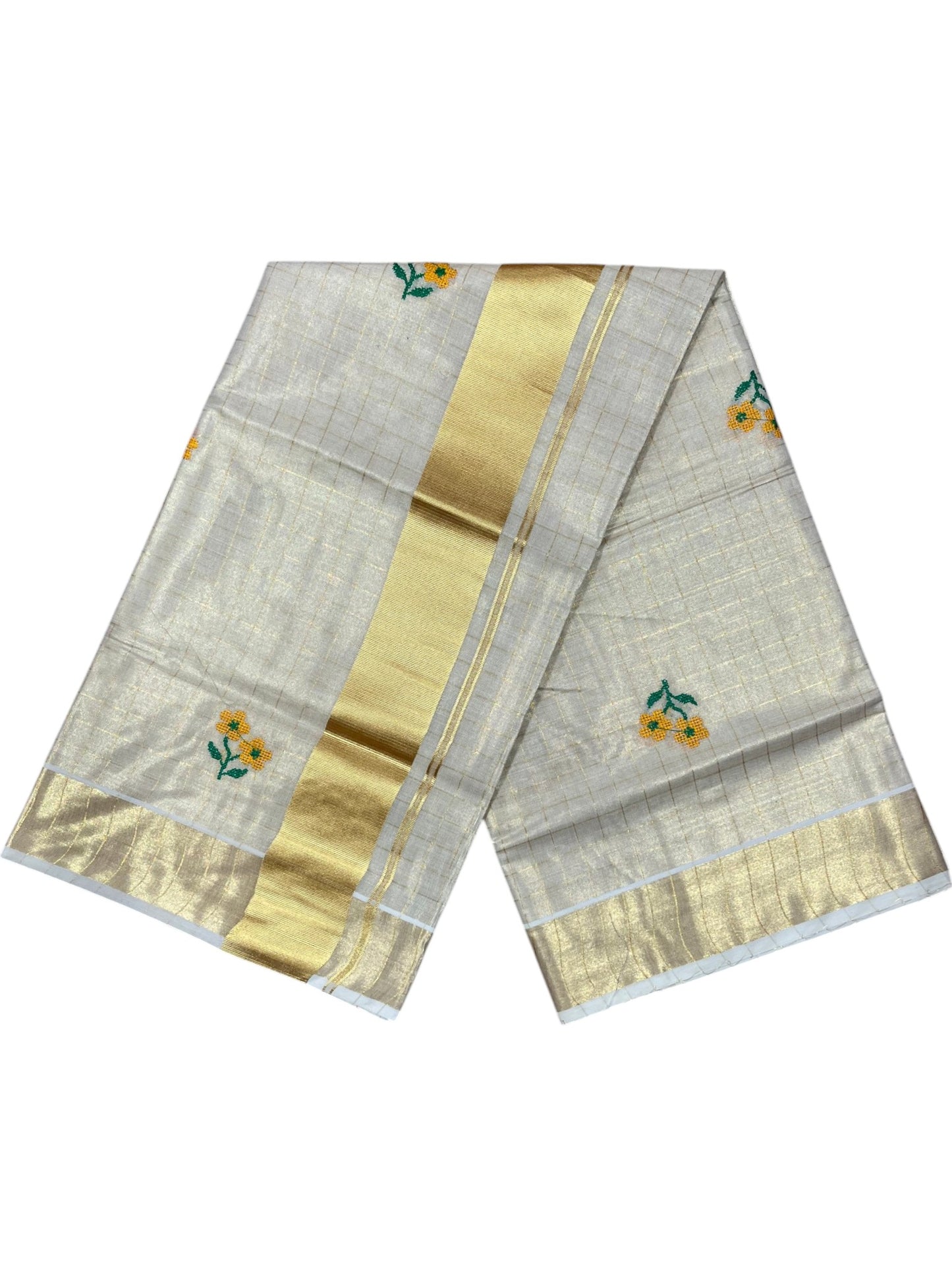 Southloom Kerala Tissue Kasavu Check Saree with Floral Embroidery Design in Yellow