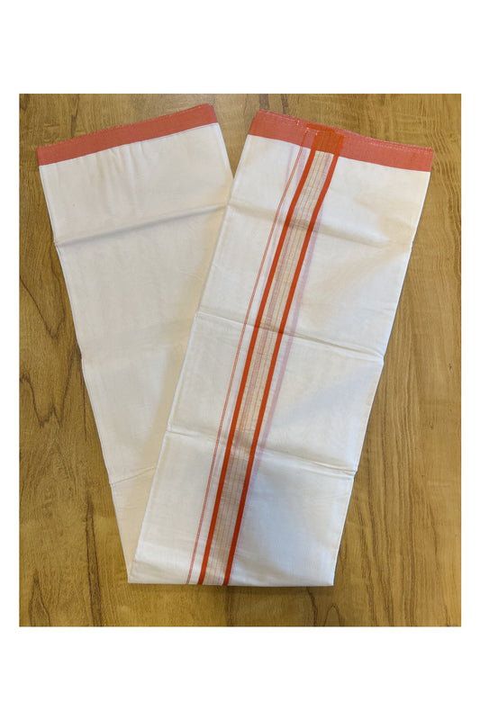 Pure Cotton Mundu with Orange Lines and Orange Border (South Indian Kerala Dhoti)