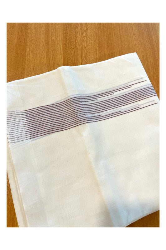 Pure Cotton Off White Kerala Double Mundu with Maroon Chutti Lines Border (South Indian Dhoti)