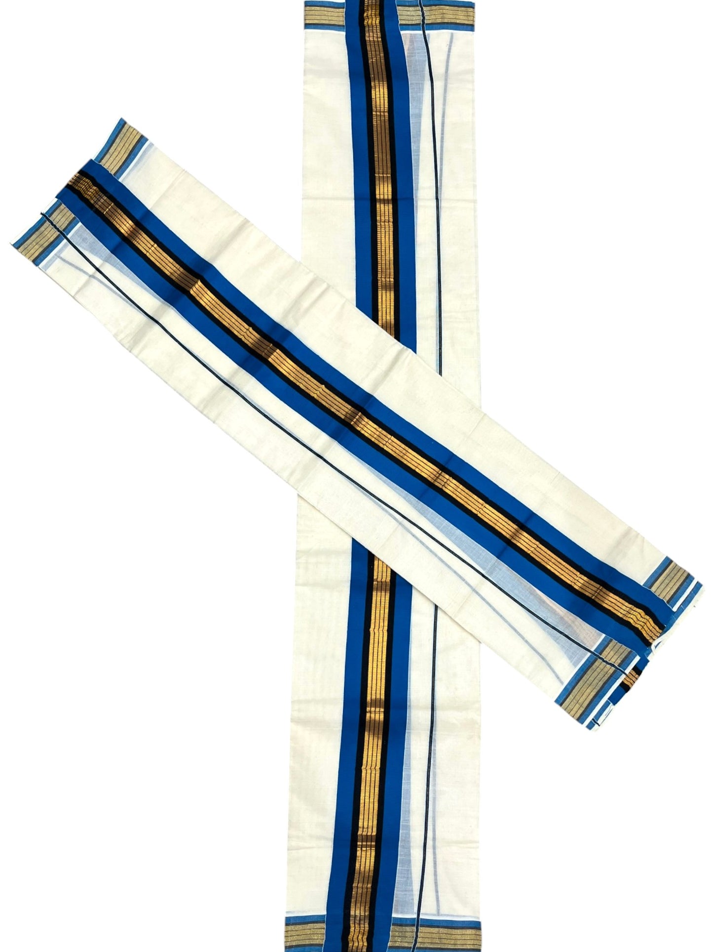 Southloom Kerala Cotton Kasavu Set Mundu (Mundum Neriyathum) with Black and Blue Border 2.80 Mtrs SLKK