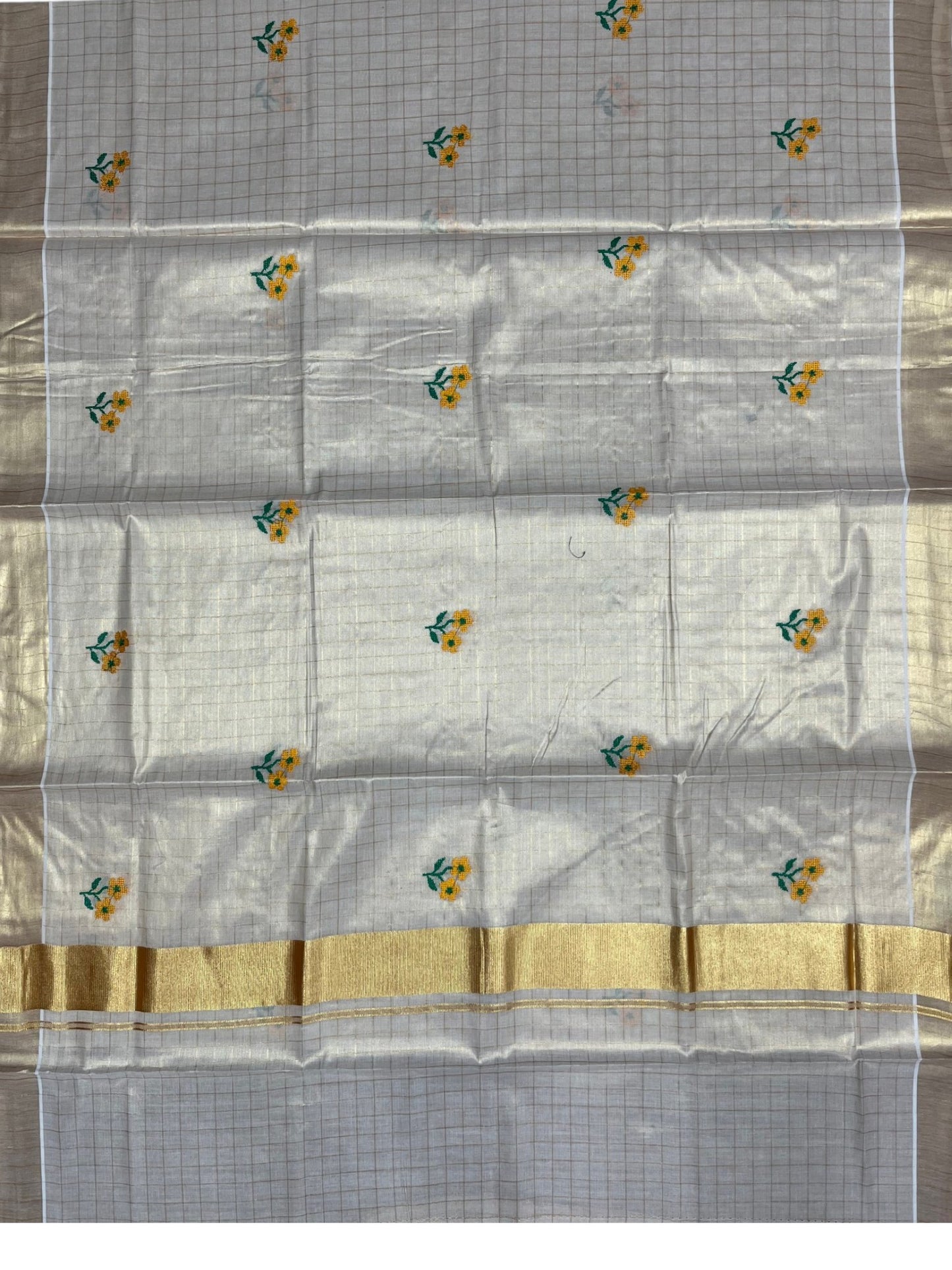 Southloom Kerala Tissue Kasavu Check Saree with Floral Embroidery Design in Yellow