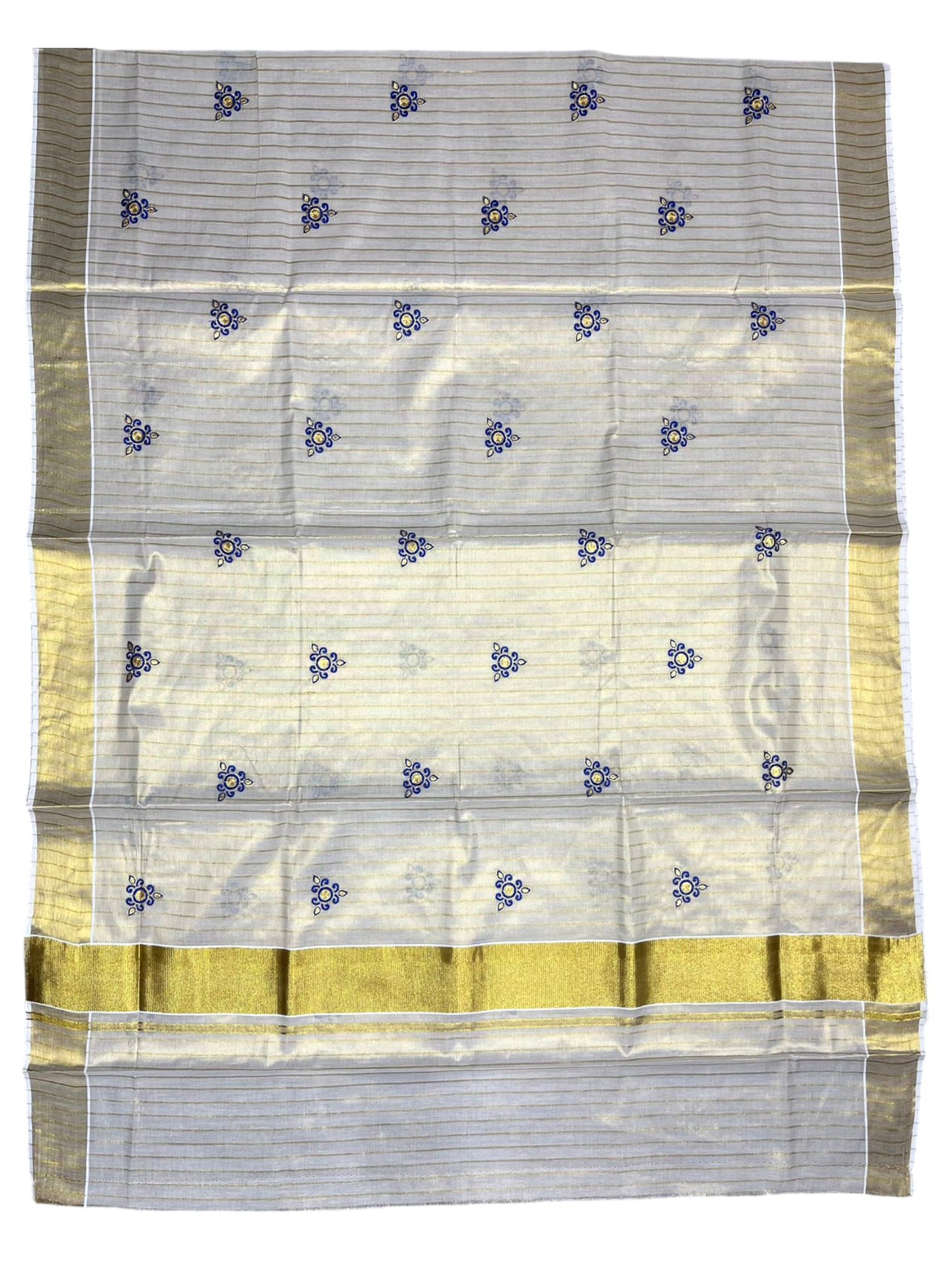 Southloom Tissue Kerala Kasavu Check Saree with Floral Embroidery Design in Blue SL363