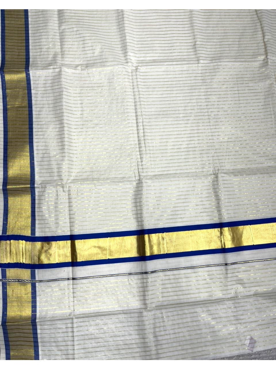 Southloom Pure Cotton Kerala Saree with Gold Kasavu Lines Across Body and Blue Border