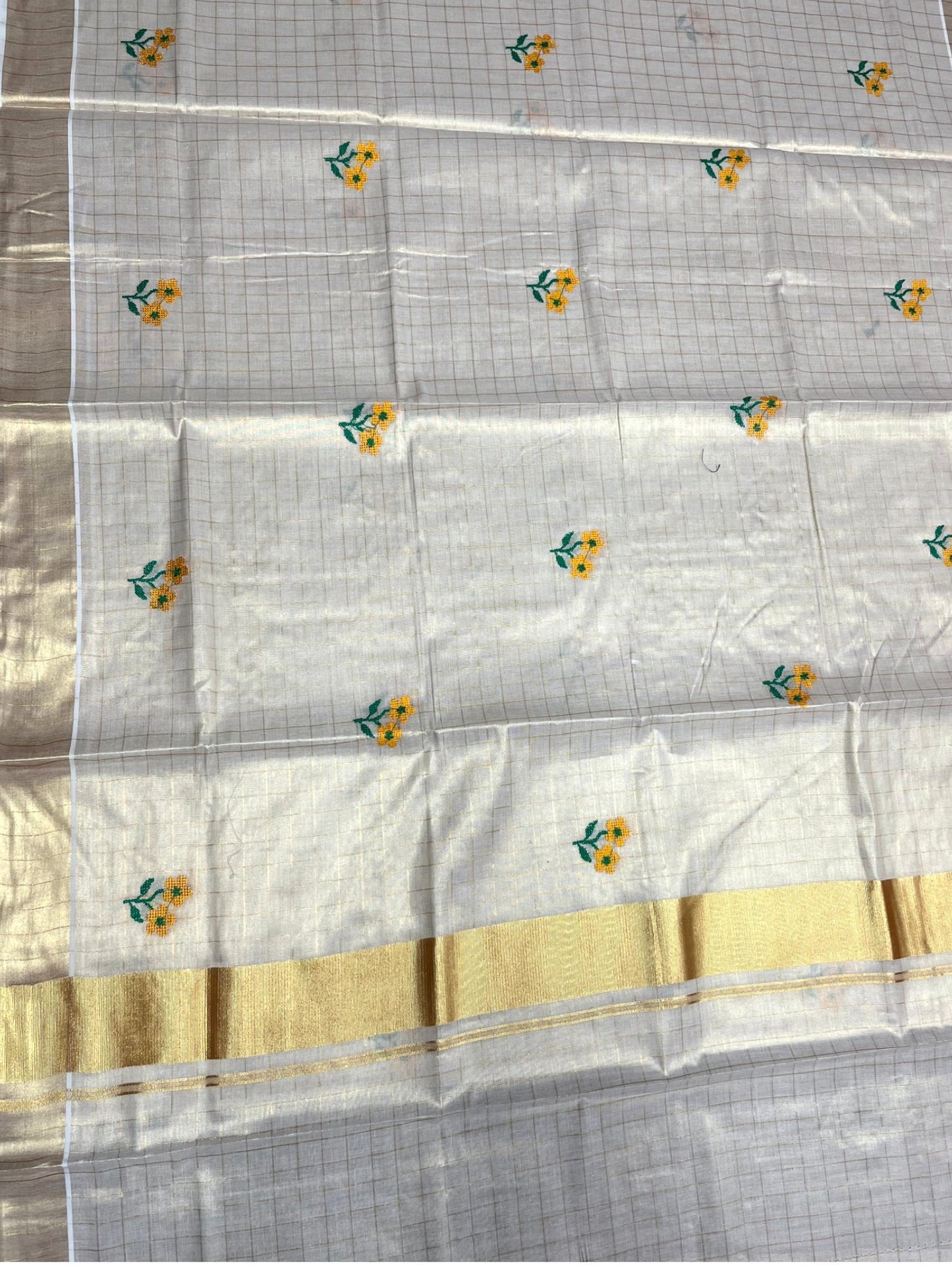 Southloom Kerala Tissue Kasavu Check Saree with Floral Embroidery Design in Yellow