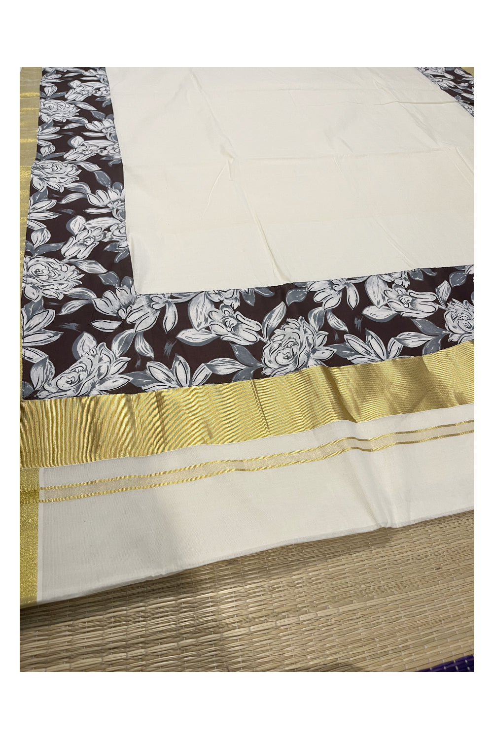 Kerala Pure Cotton Kasavu Saree with Floral Prints Along Kara