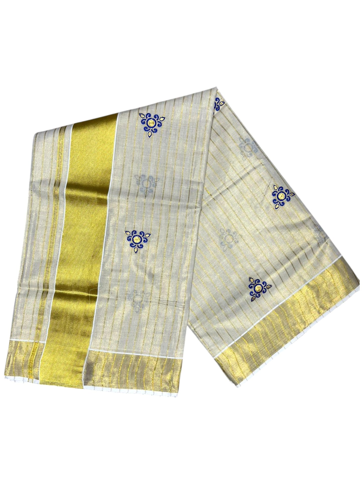 Southloom Tissue Kerala Kasavu Check Saree with Floral Embroidery Design in Blue SL363