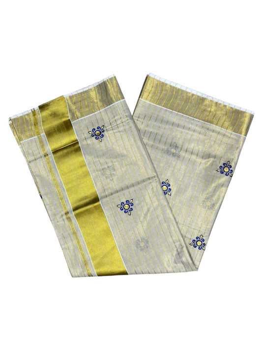 Southloom Tissue Kerala Kasavu Check Saree with Floral Embroidery Design in Blue SL363
