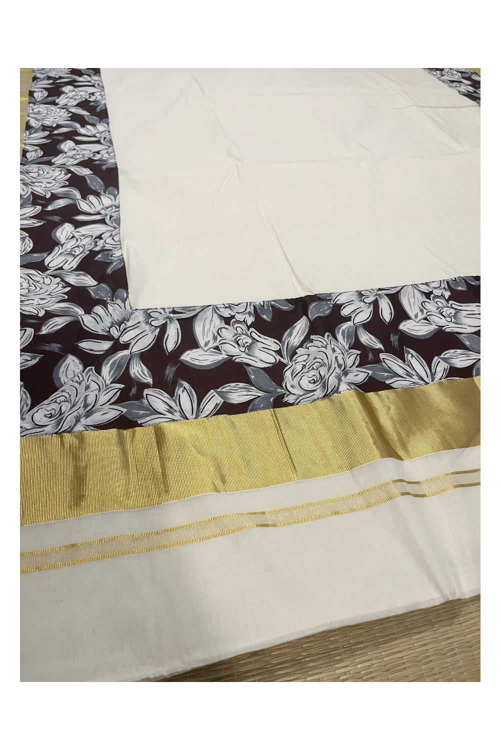 Kerala Pure Cotton Kasavu Saree with Floral Prints Along Kara