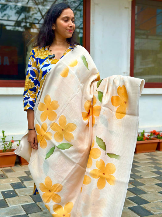 Southloom Linen Cotton Yellow and Green Kanikonna Digital Print Saree (with Yellow and Green Printed Blouse)