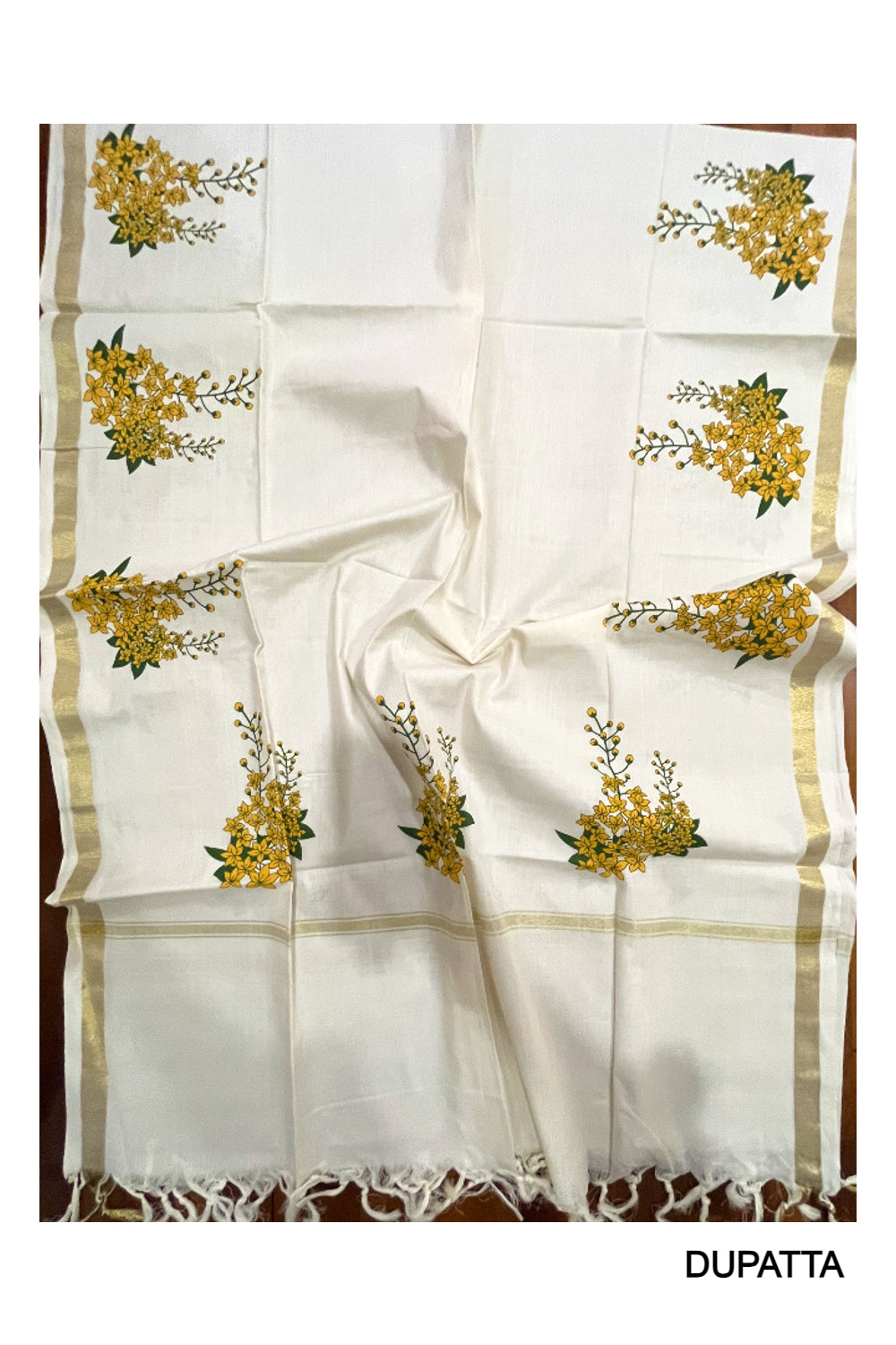 Kerala Cotton Churidar Salwar Material with Konna Poovu Mural Prints (include Shawl / Dupatta)