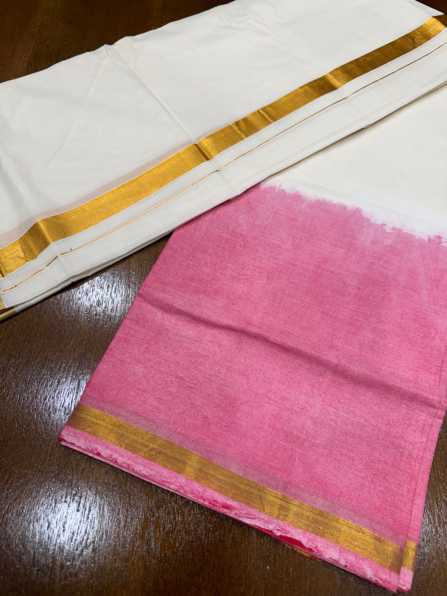 Southloom Tie & Dye - Half & Half  Multi Colour Pink Design Cotton Kerala Double Mundu with Kasavu Border (South Indian Kerala Dhoti)