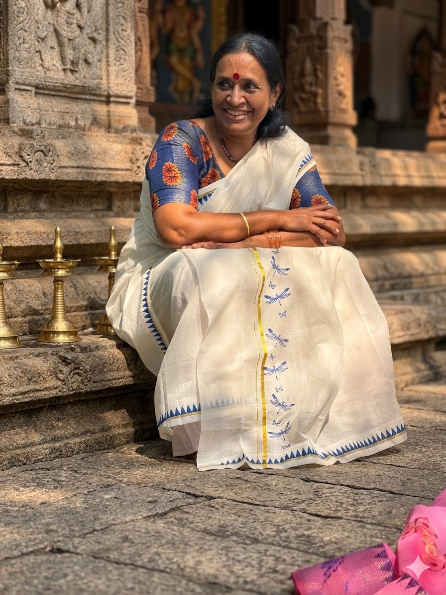 Cotton Thumbi Temple Print Set Mundu SL151 (2.80 Neriyathu)