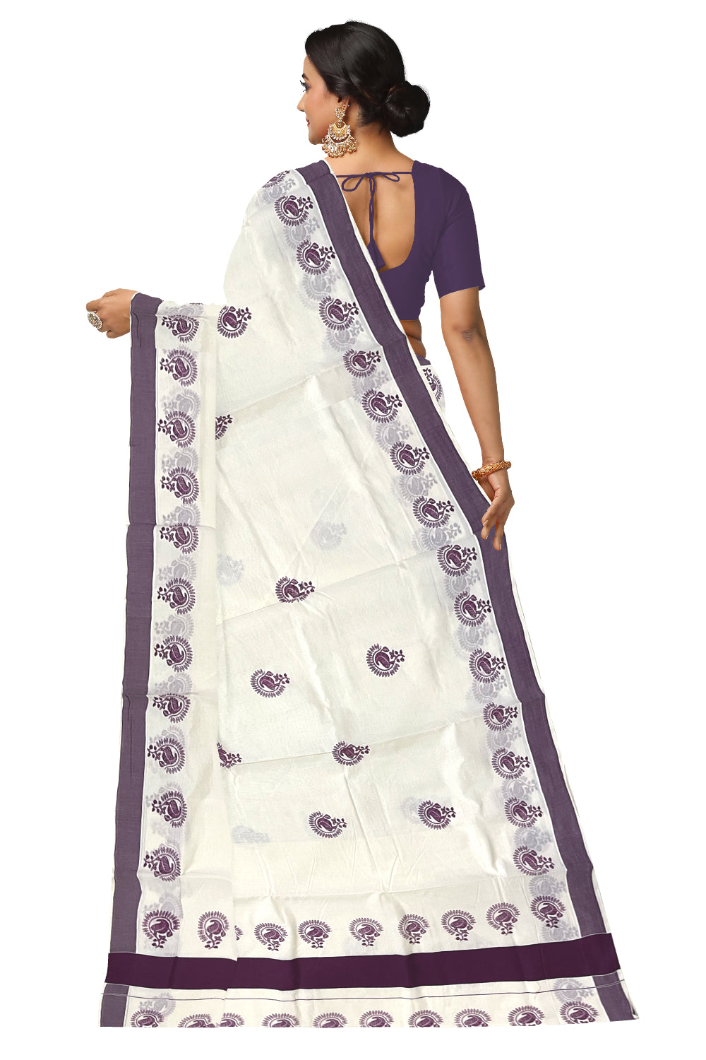 Pure Cotton Kerala Saree with Purple Floral Block Printed Border (Onam Saree 2023)