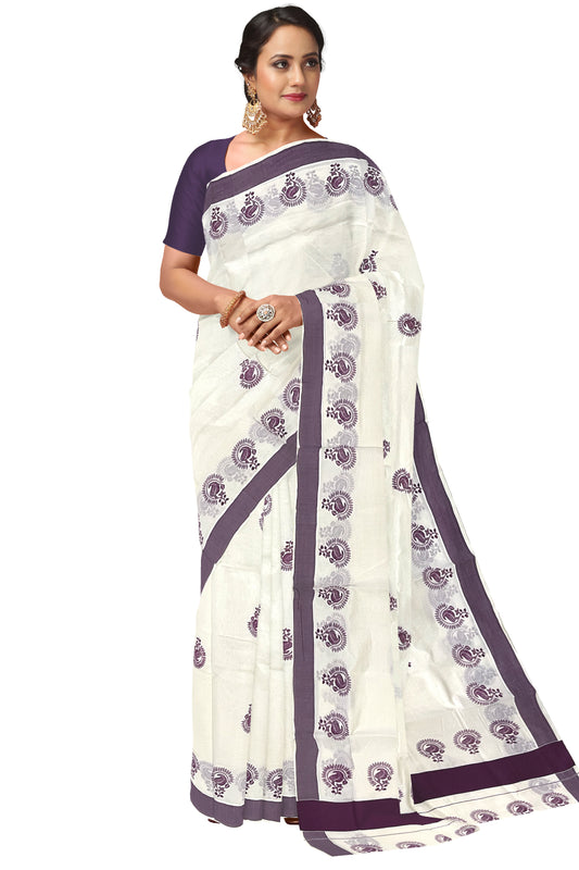 Pure Cotton Kerala Saree with Purple Floral Block Printed Border (Onam Saree 2023)