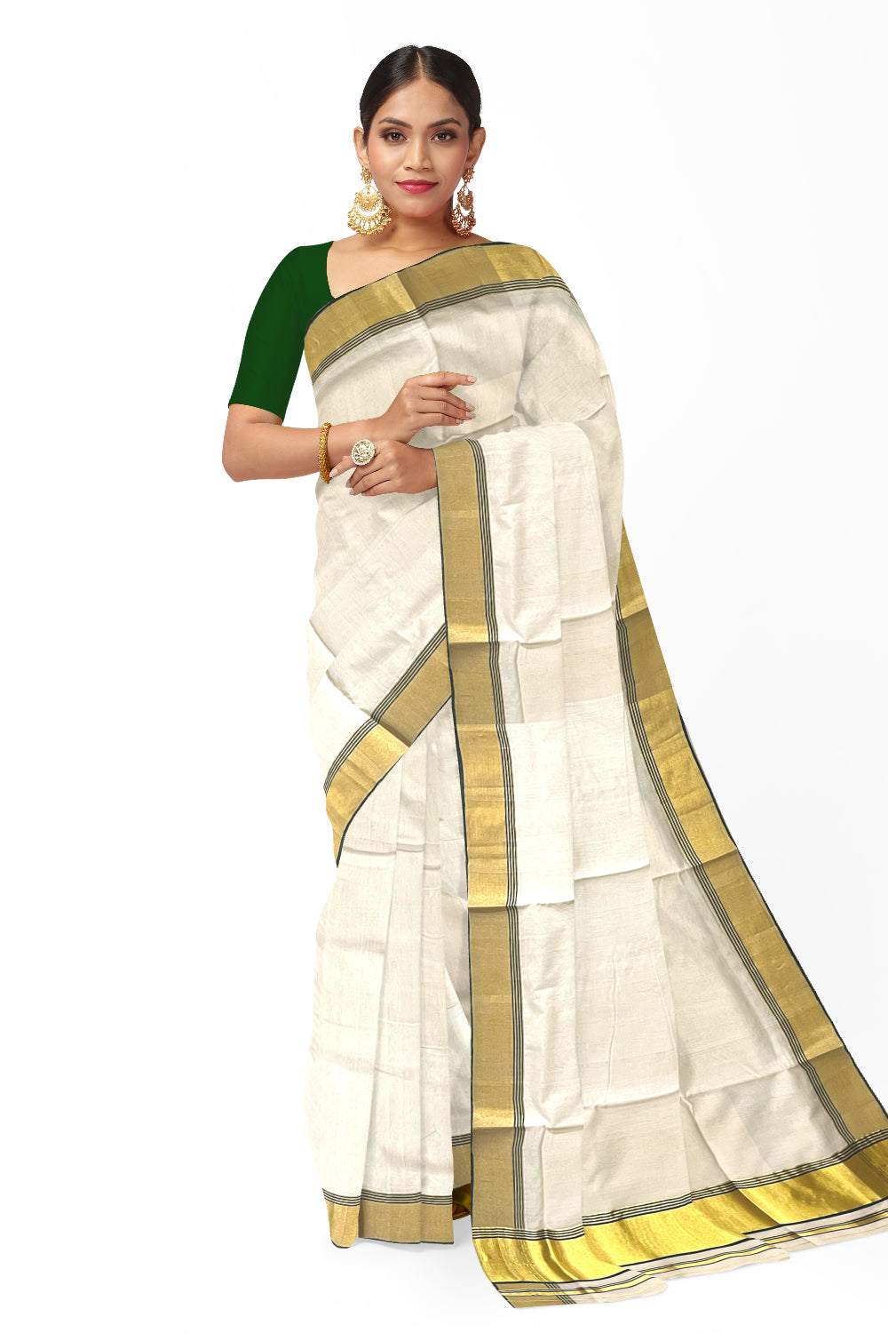 Southloom Super Premium Balaramapuram Unakkupaavu Handloom Saree with Green and Kasavu Border