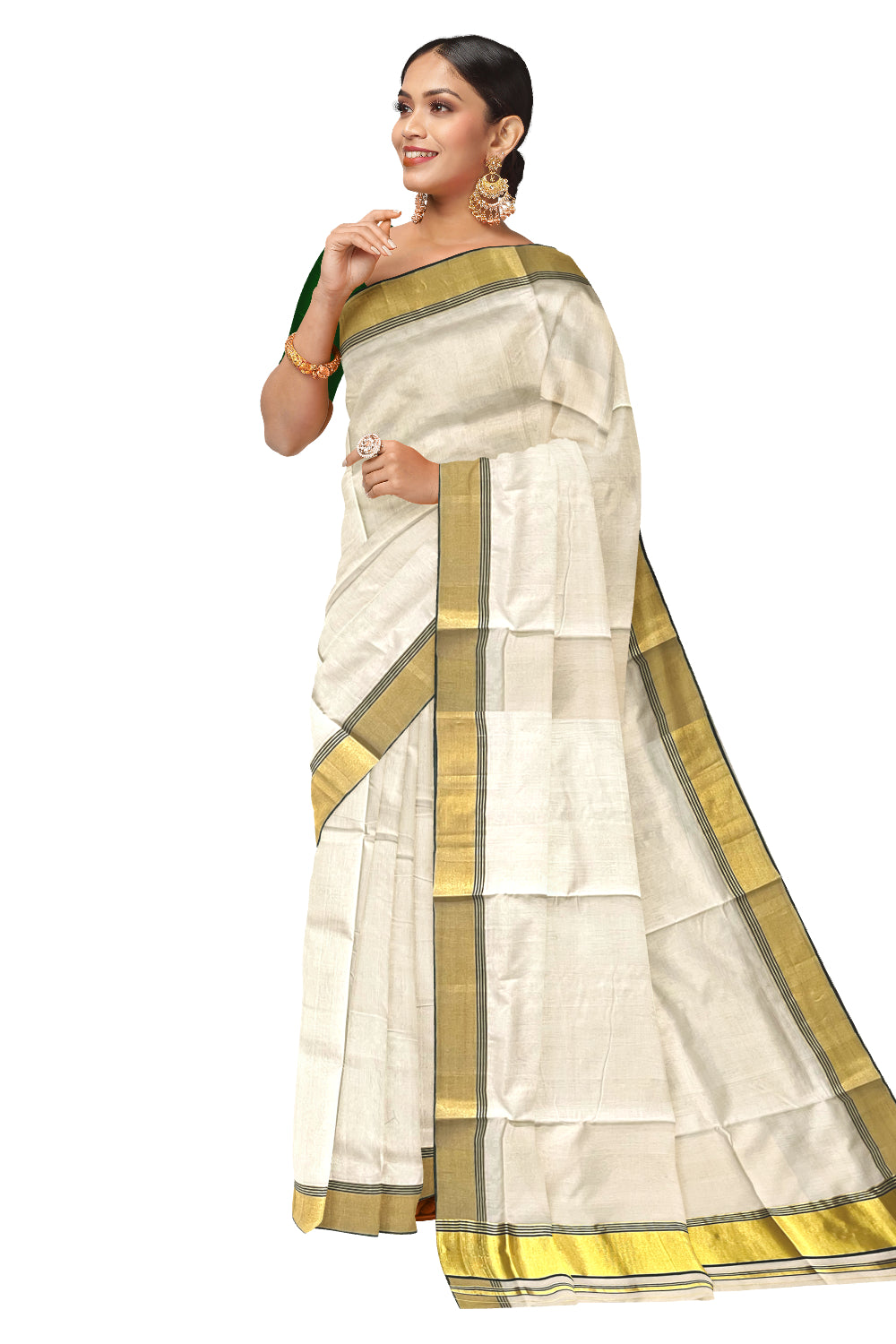 Southloom Super Premium Balaramapuram Unakkupaavu Handloom Saree with Green and Kasavu Border