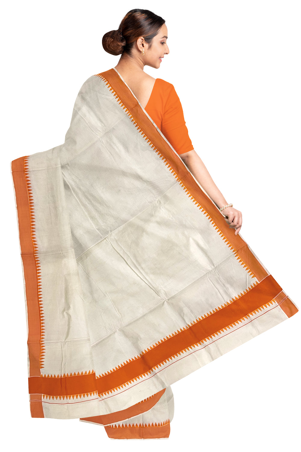 Kerala Pure Cotton Saree with Orange Temple Block Prints on Border