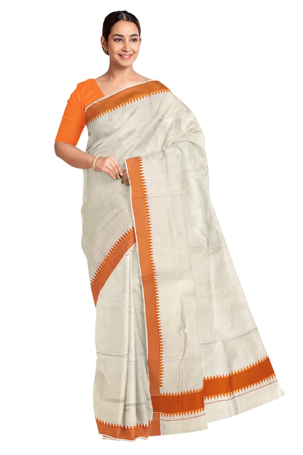 Kerala Pure Cotton Saree with Orange Temple Block Prints on Border