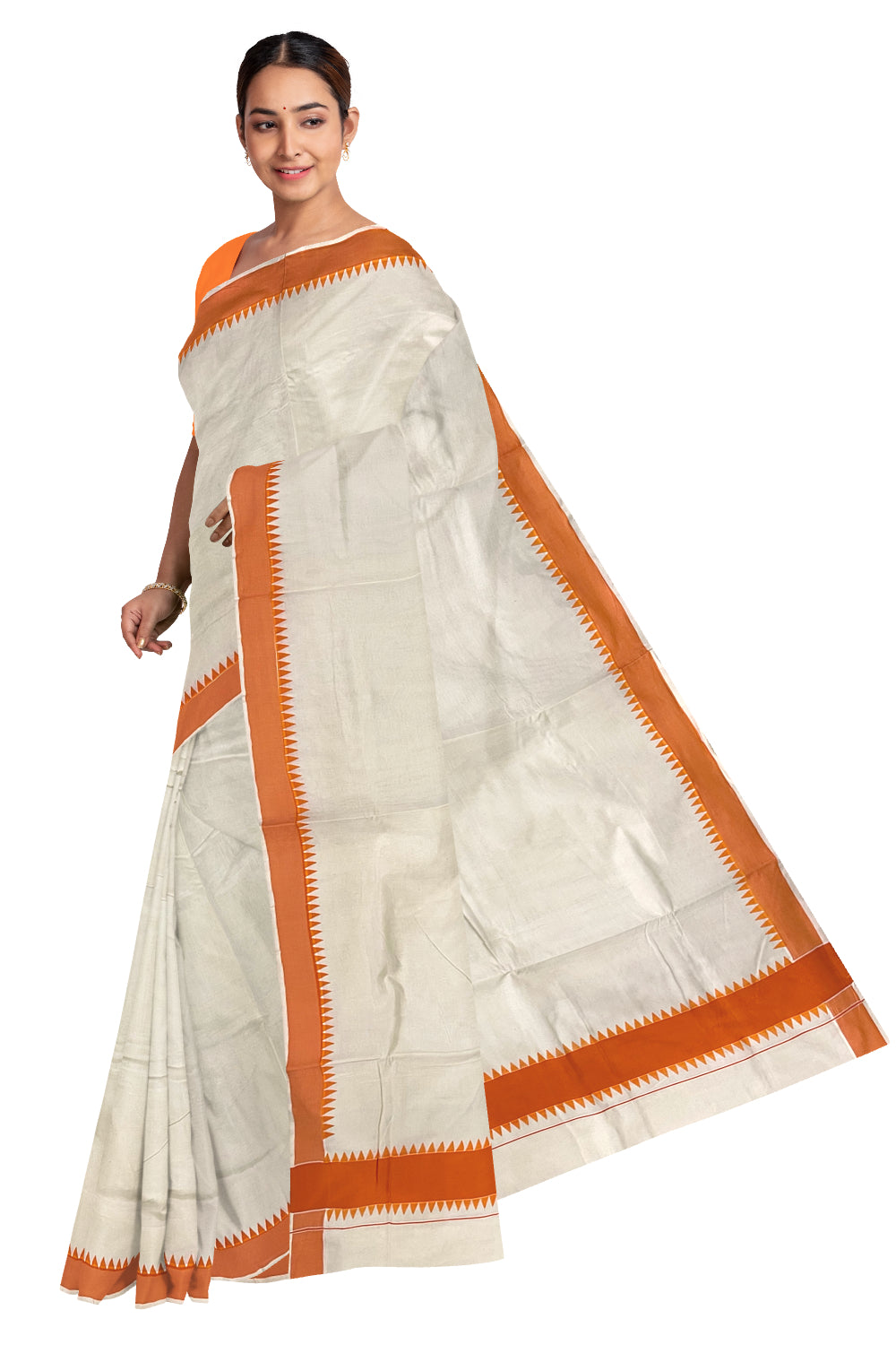 Kerala Pure Cotton Saree with Orange Temple Block Prints on Border