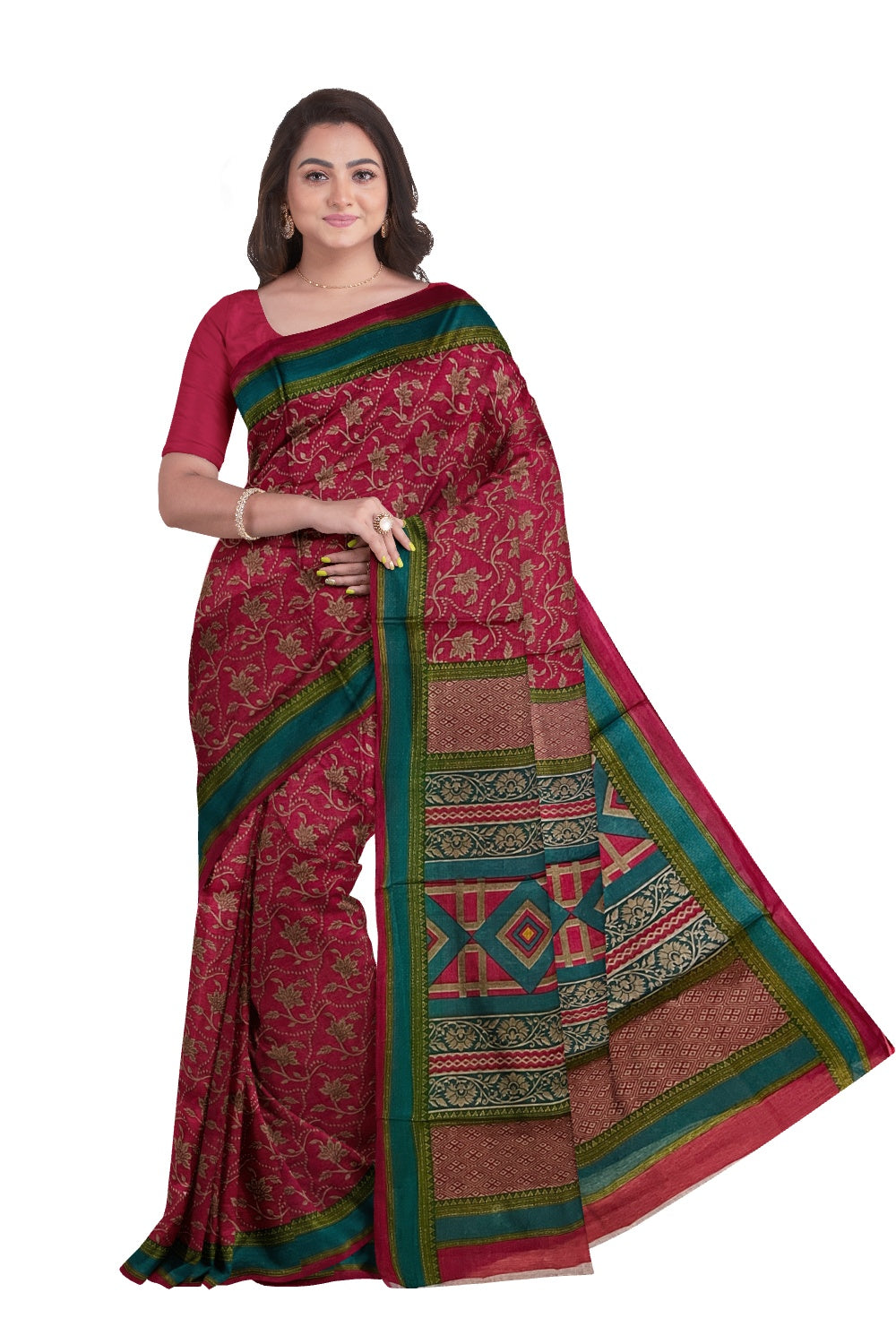 Southloom Cotton Red Designer Printed Saree