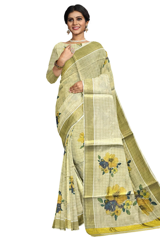 Kerala Tissue Kasavu Check Design Saree with Floral Mural Prints on Body