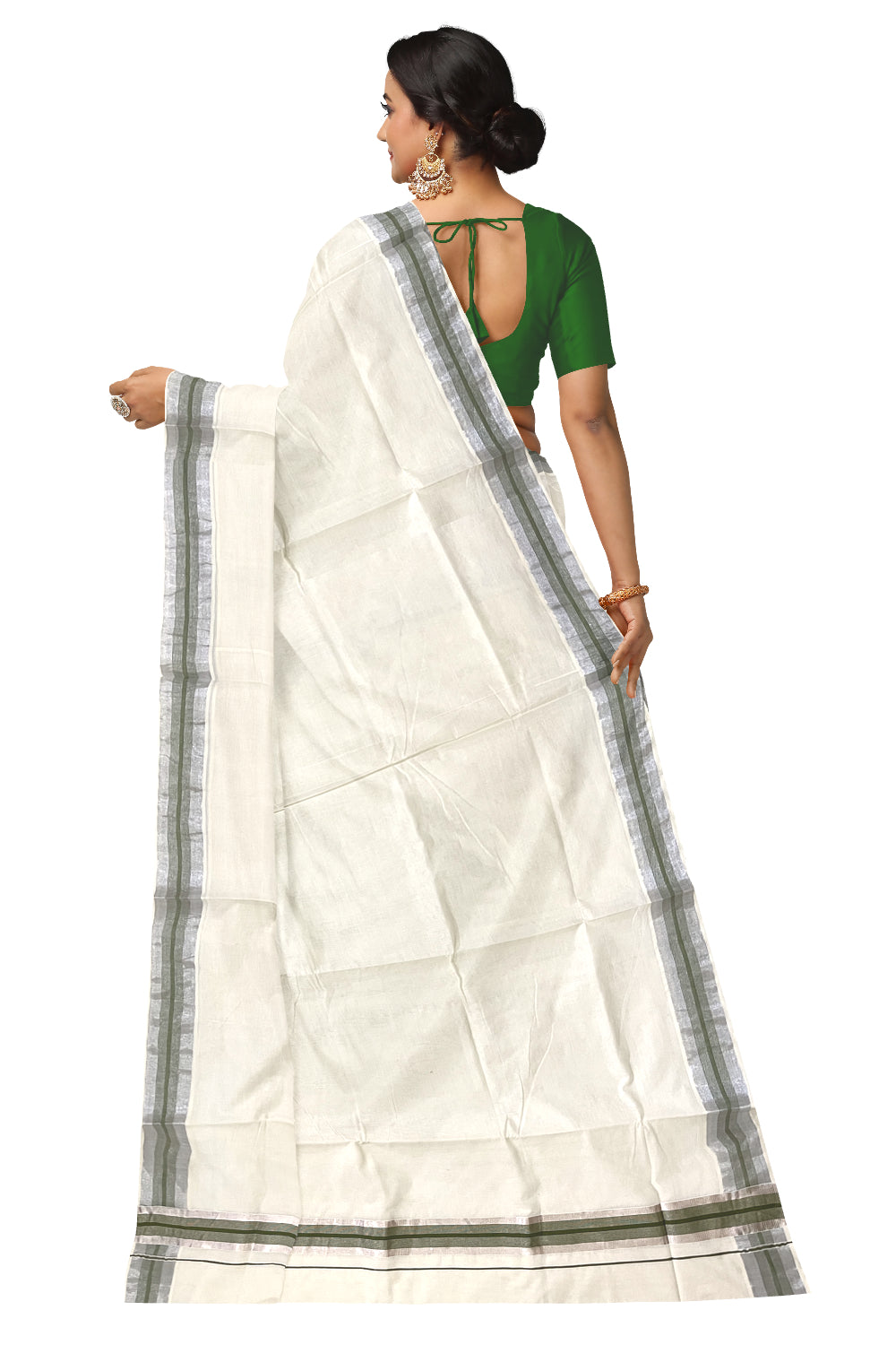 Kerala Pure Cotton Plain Saree with Silver Kasavu and Green Line Border