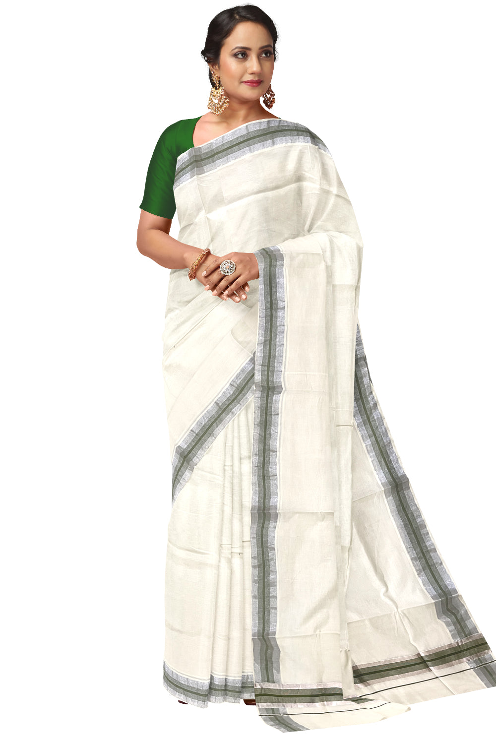 Kerala Pure Cotton Plain Saree with Silver Kasavu and Green Line Border