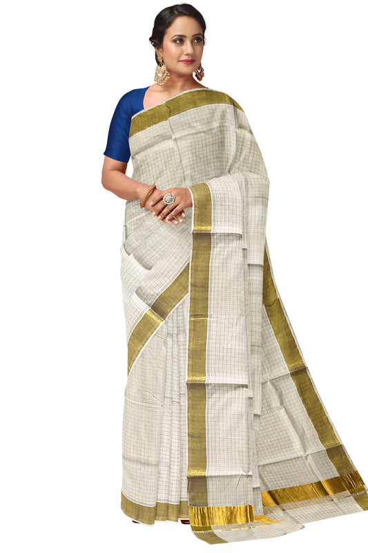 Pure Cotton Kerala Saree with Kasavu Small Check Designs Across Body
