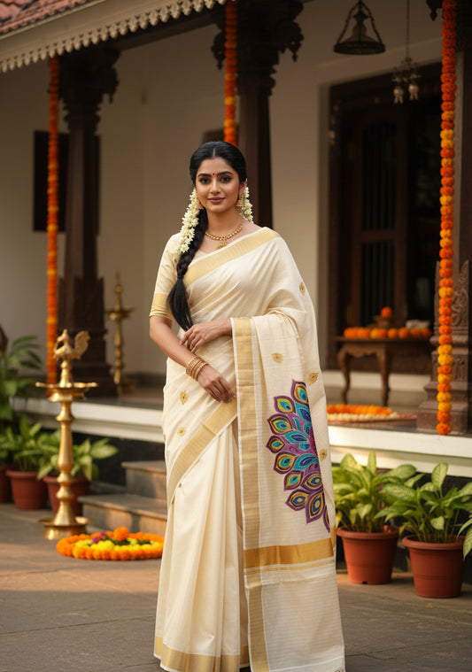 Kerala Cotton Lines Saree With Violet & Yellow Peacock Design SL161