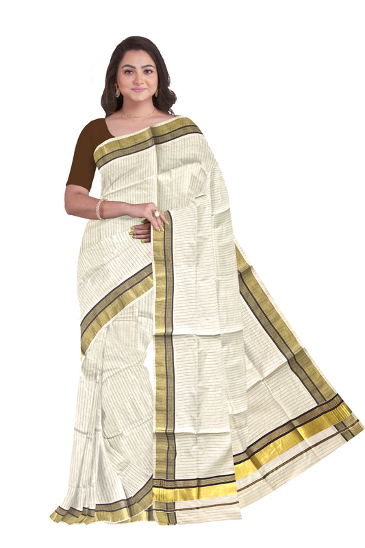 Pure Cotton Kerala Kasavu Lines Design Saree with Brown Border