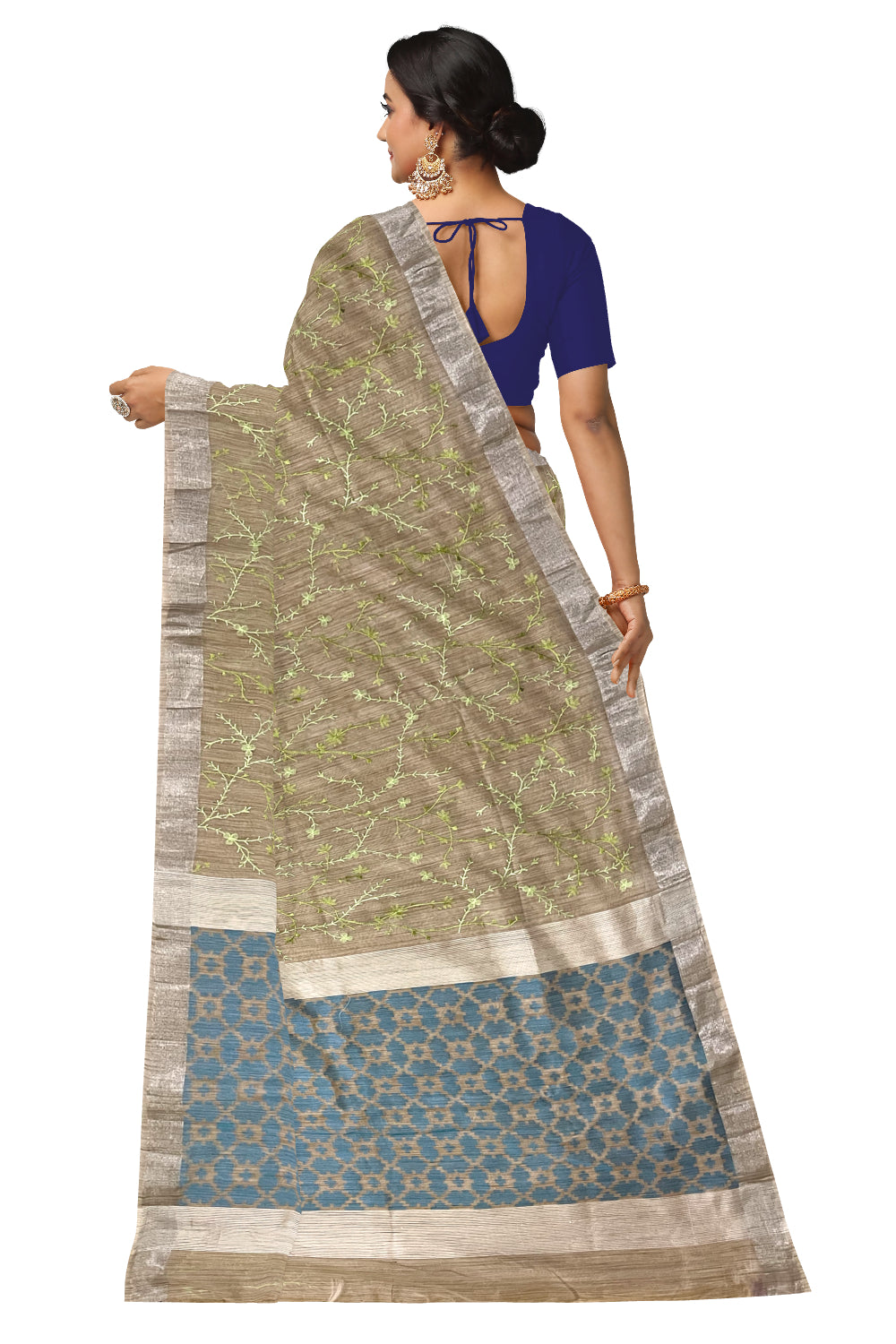 Southloom Cotton Light Brown Designer Saree with Green Floral Embroidery Work