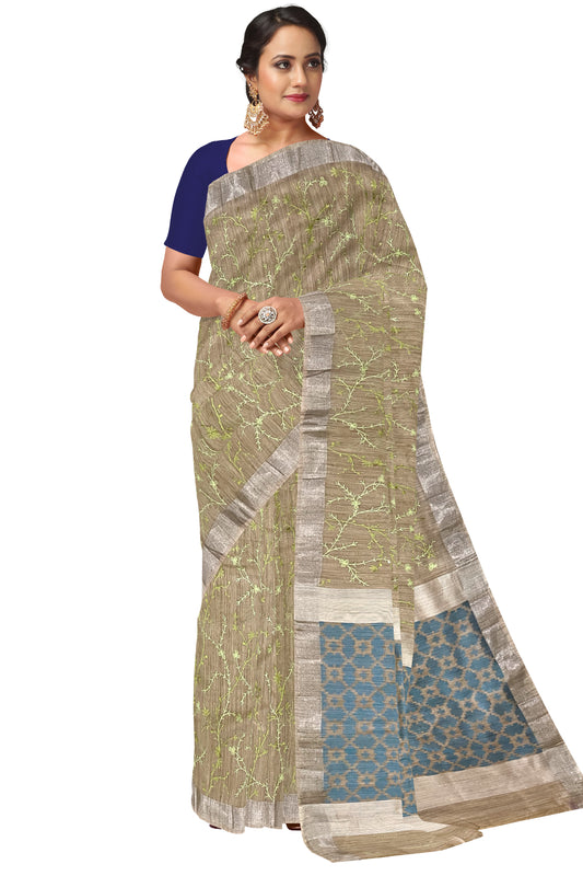Southloom Cotton Light Brown Designer Saree with Green Floral Embroidery Work