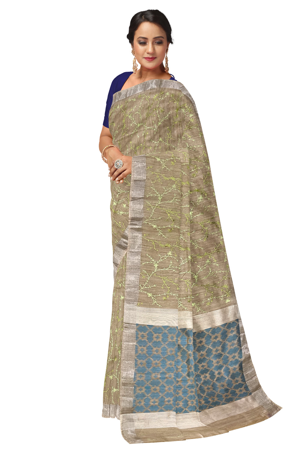 Southloom Cotton Light Brown Designer Saree with Green Floral Embroidery Work