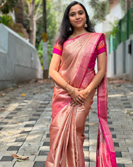 Southloom Semi Silk Antique Finish Saree with Pink Pallu and Brocade Blouse