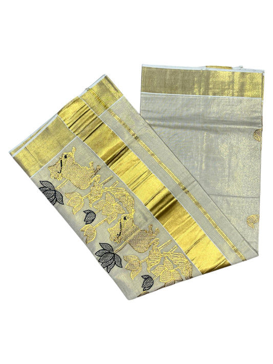 Southloom Tissue Kerala Kasavu Saree with Black & Golden Embroidery Works