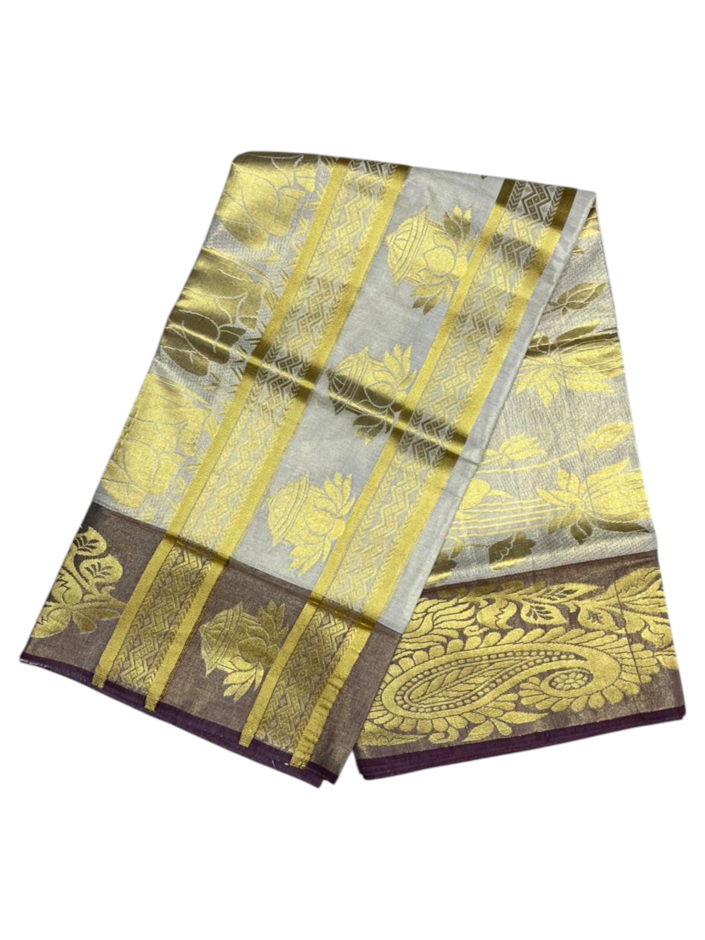 Southloom  Kerala Tissue Kasavu Heavy Work Saree with Nandhi Design And Purple Border SL483