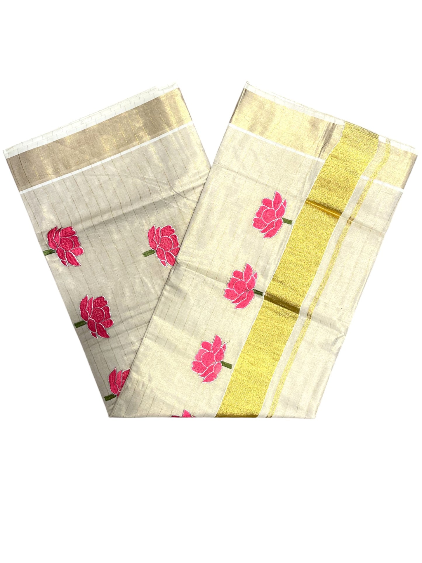 Southloom Tissue Kerala Kasavu Saree with Lotus Embroidery Design