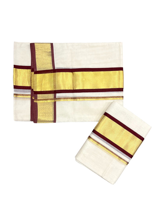 Southloom Premium Handloom Set Mundu with Kasavu and Maroon Border (2.80 Mtr)
